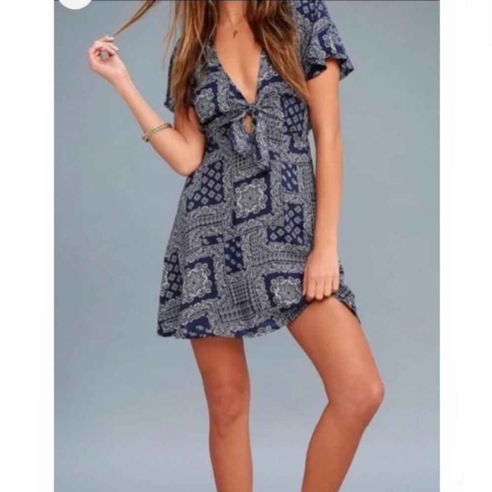 Lulus Blue Paisley Bandana Print Tie Front Mini Dress